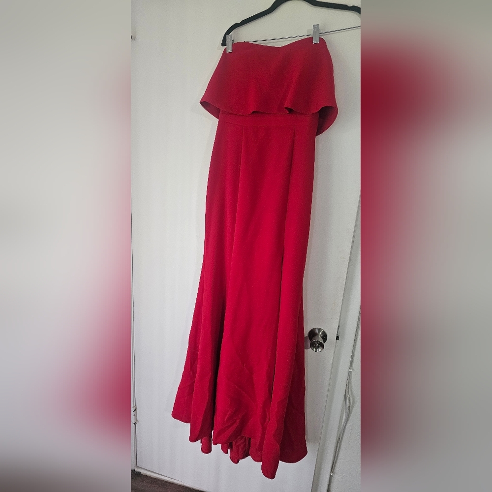 Xscape Red Ruffled Strapless Gown